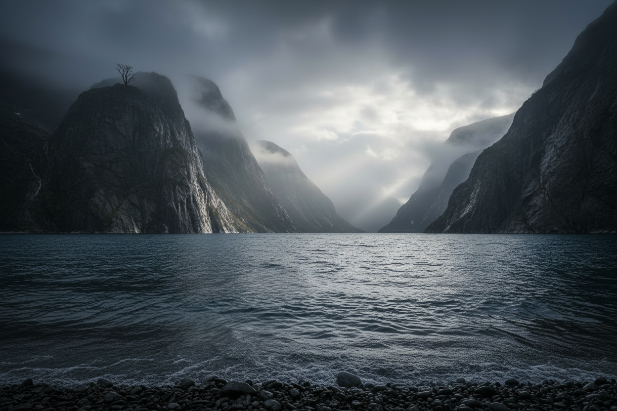 Dark Nordic fjord shoreline